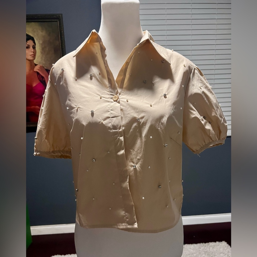 Crop top with poufy sleeves. Has rhinestones. NWT. Perfect for spring outfits.